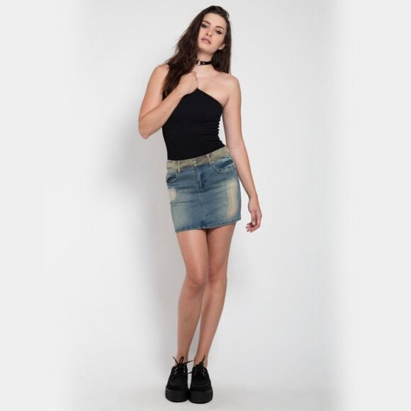 Tripp NYC Split Front Skirt – Distressed Denim + Camo Twill, Zip Fly, Pockets M - Picture 1 of 4